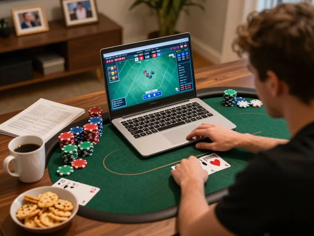 Engaged player pursuing winning strategies on mk8th online poker platform at home.