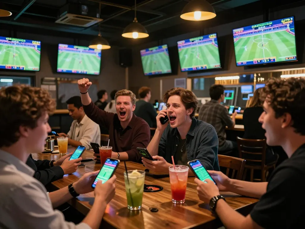 Engaged patrons at nhà cái jun88 sports betting bar, cheering for live games with betting apps on smartphones.