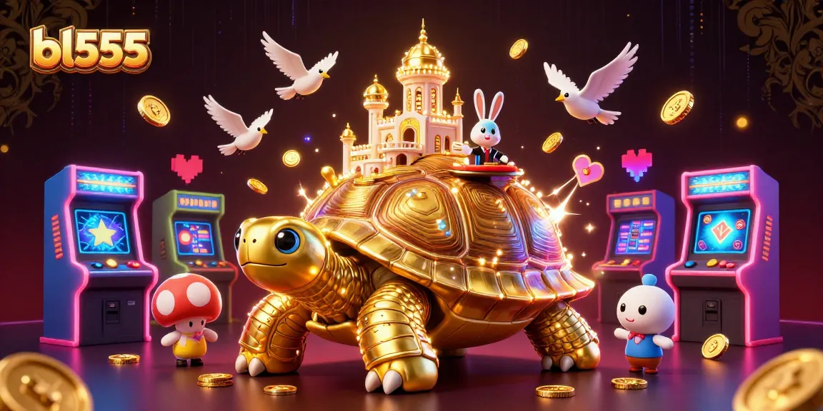 Win big at bl555 with a giant tortoise casino scene featuring a rabbit dealer and flying coins.