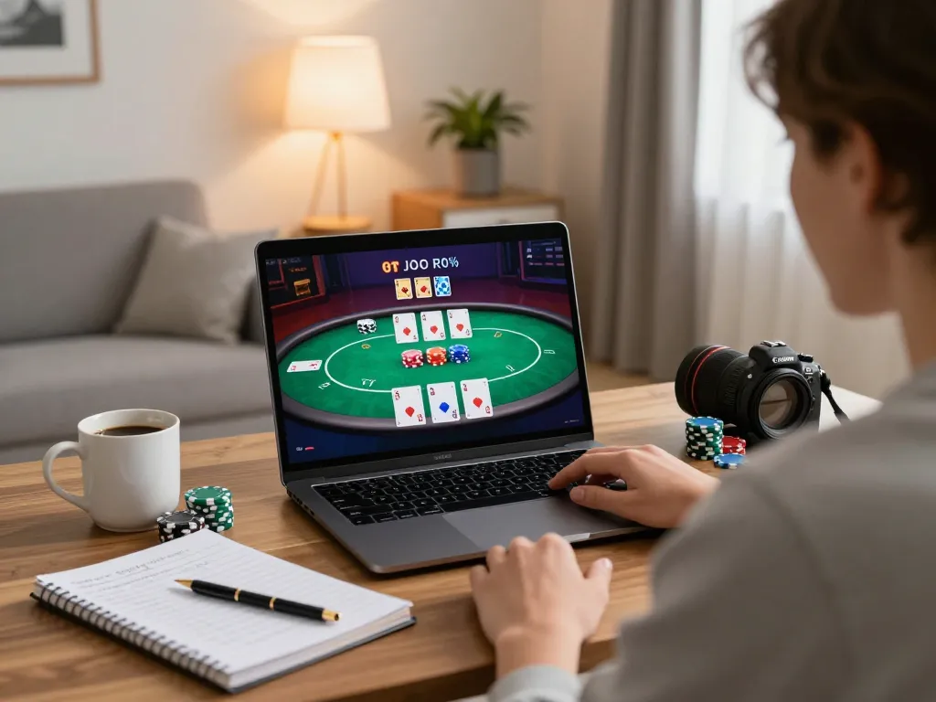 Max 88 player enjoying an online poker game on a laptop in a cozy room.