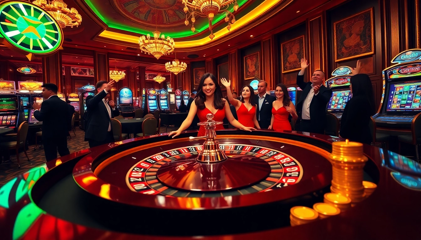 Experience thrilling gameplay at https://8kkbet.com/ with a luxurious casino scene featuring roulette and poker.