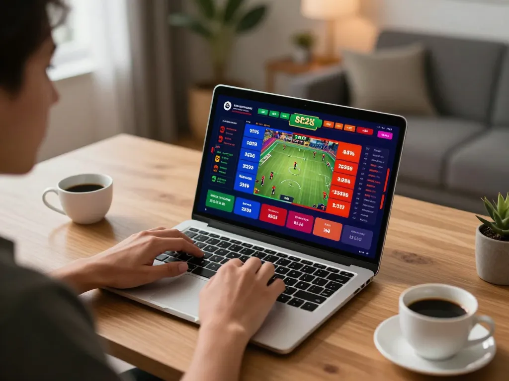 Player strategizing sports betting on vipwin app in a stylish home office setting