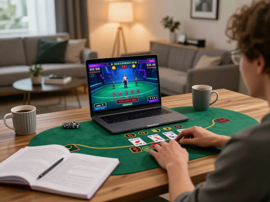 Engaging in live dealer blackjack at trang chủ mb66 from a cozy home setup, highlighting strategic gameplay and comfort