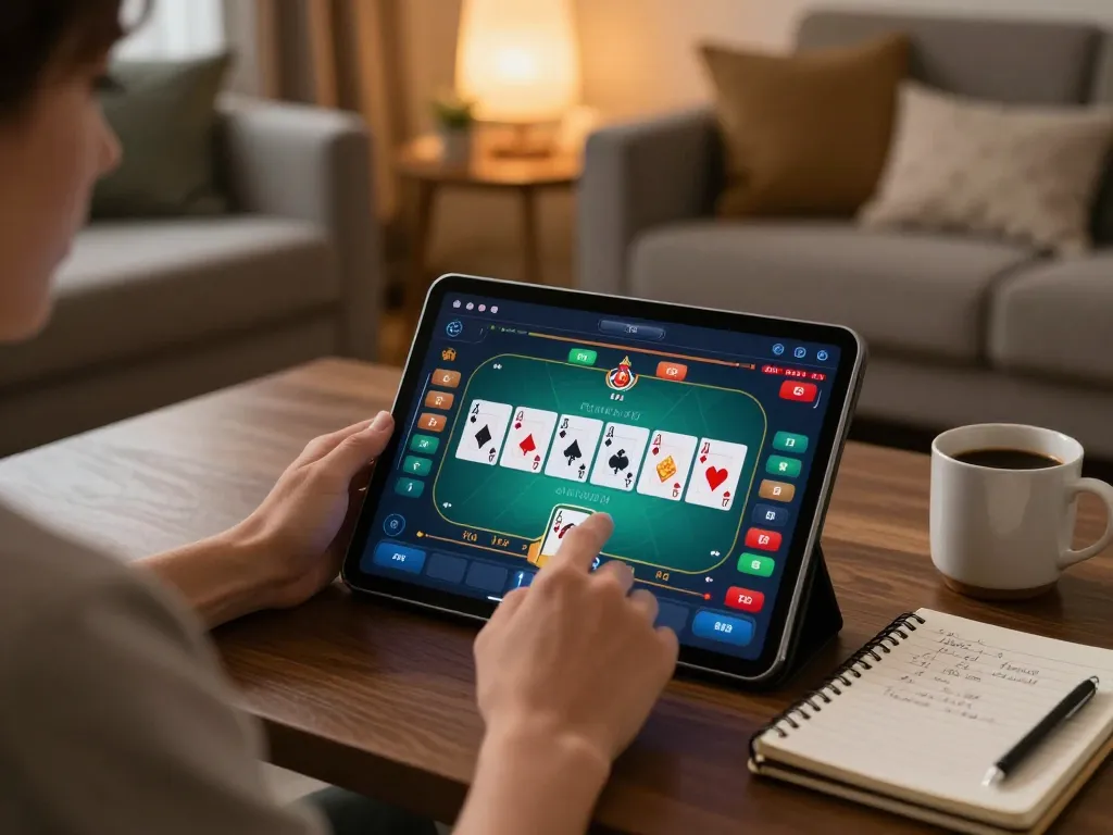 Engaging in poker with gem 88 on a tablet at home, showcasing strategic gameplay.