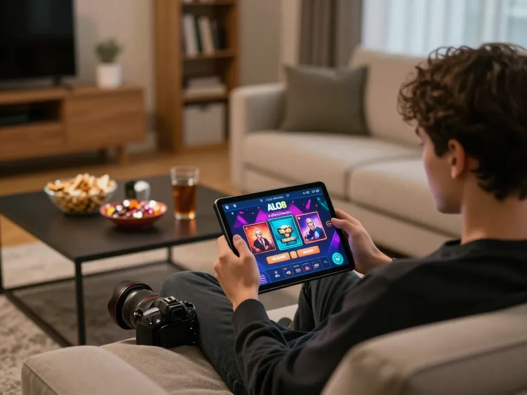 Person enjoying online gaming at home with ALO8net platform on tablet in a cozy living room