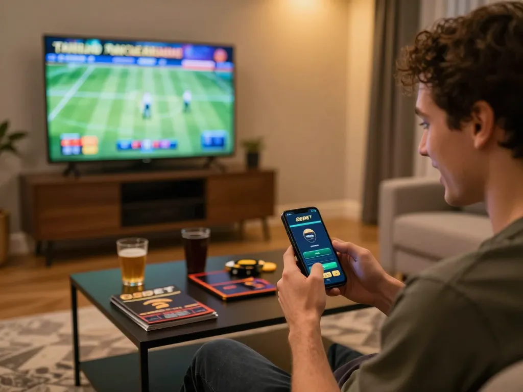 Engaging user placing bets on 88BET mobile app in a cozy living room setting.