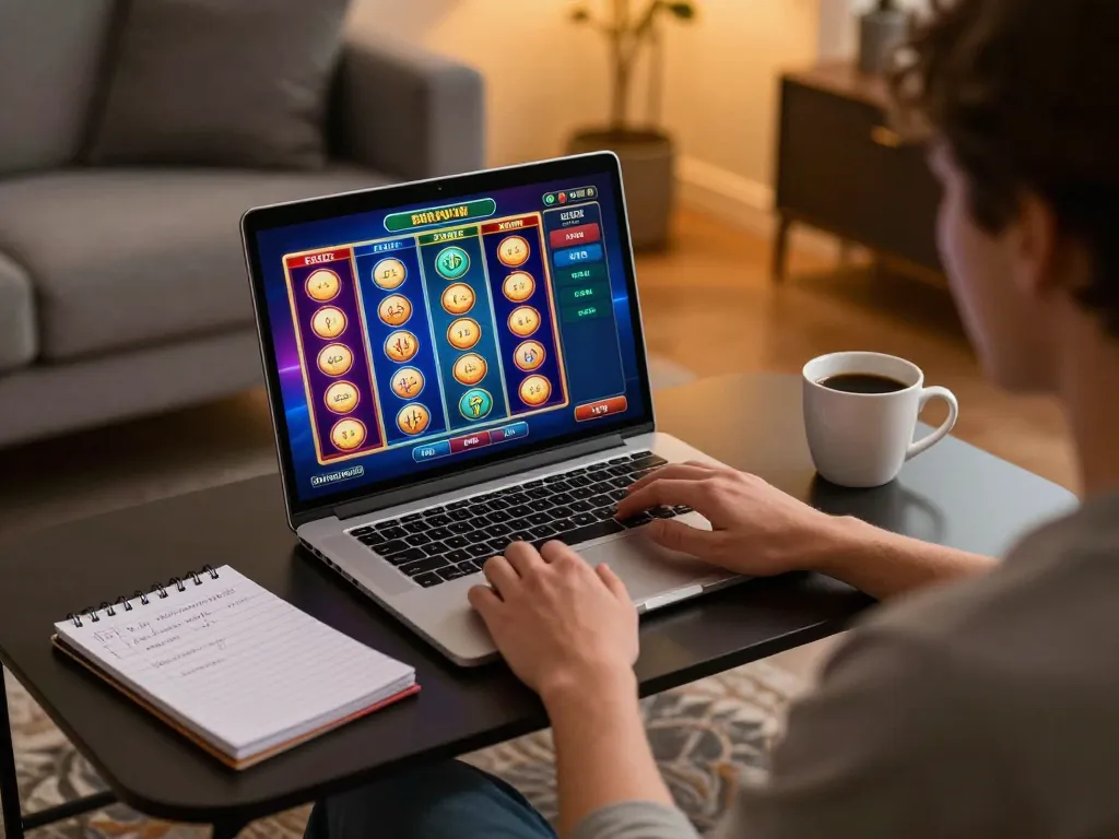 Luck8 user enjoying online slots on their laptop in a cozy home setting, engaged in gameplay.