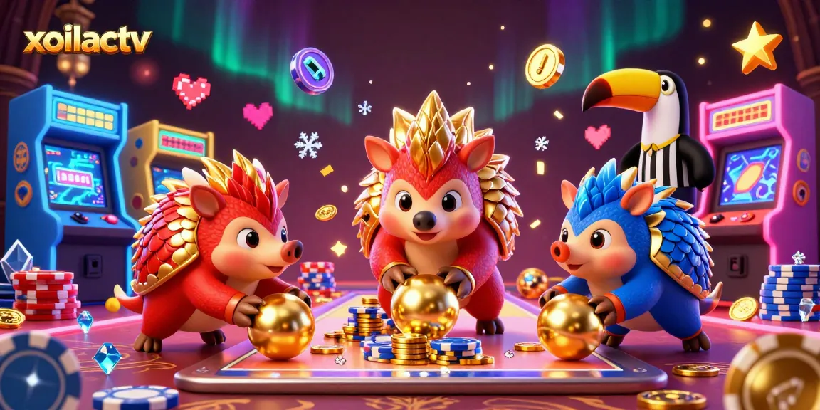 Xoilactv showcases a vibrant gambling scene with pangolins competing amidst glowing arcade elements