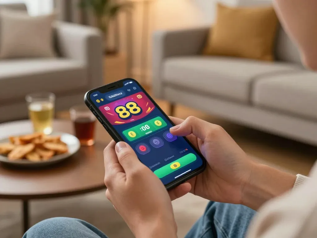 Engaging scene of a player using the ee 88 app to bet online, showcasing mobile gaming excitement