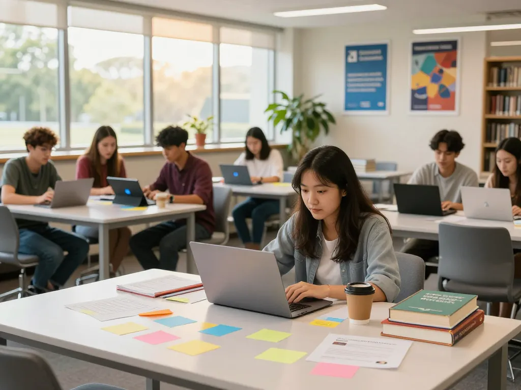 Engaged student studying at a Go8 university library, surrounded by books and peers.