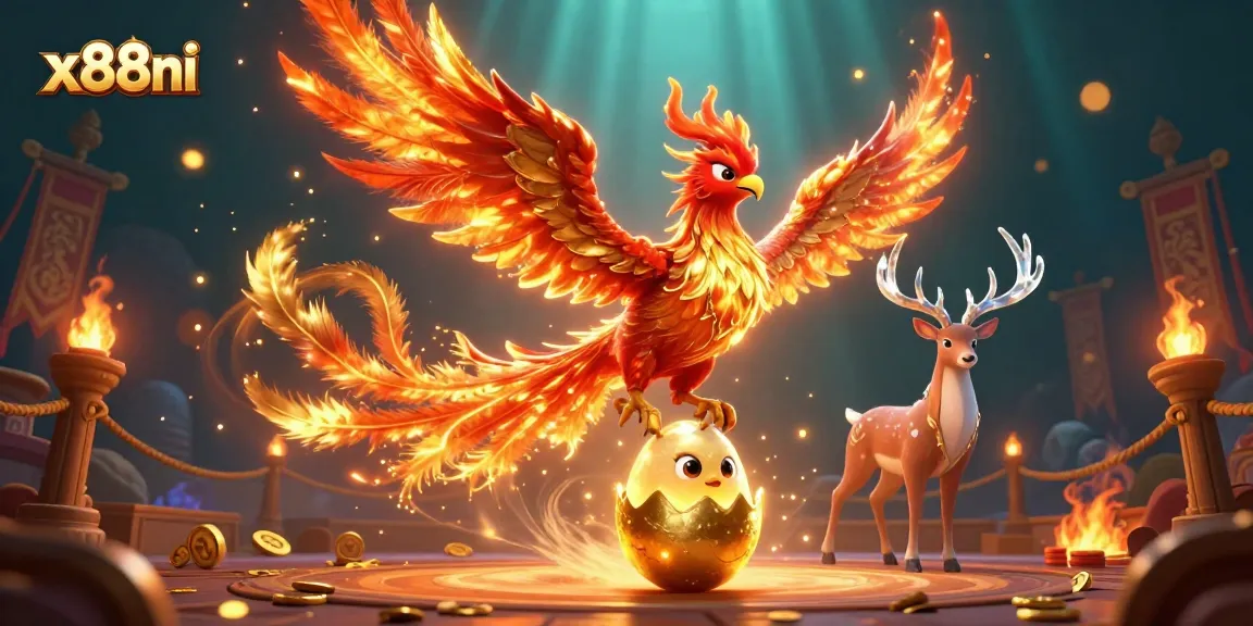 Experience the thrill of x88ni with a vibrant 3D illustration featuring a phoenix and mystical stag in a gaming arena.