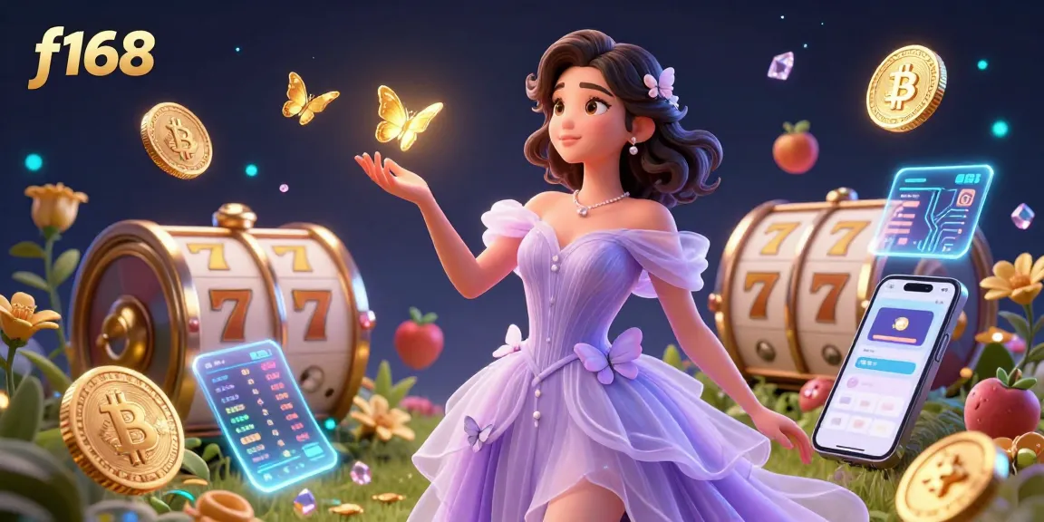 Win big with f168 in an enchanting 3D casino world featuring vibrant slot reels and luminous crypto coins.