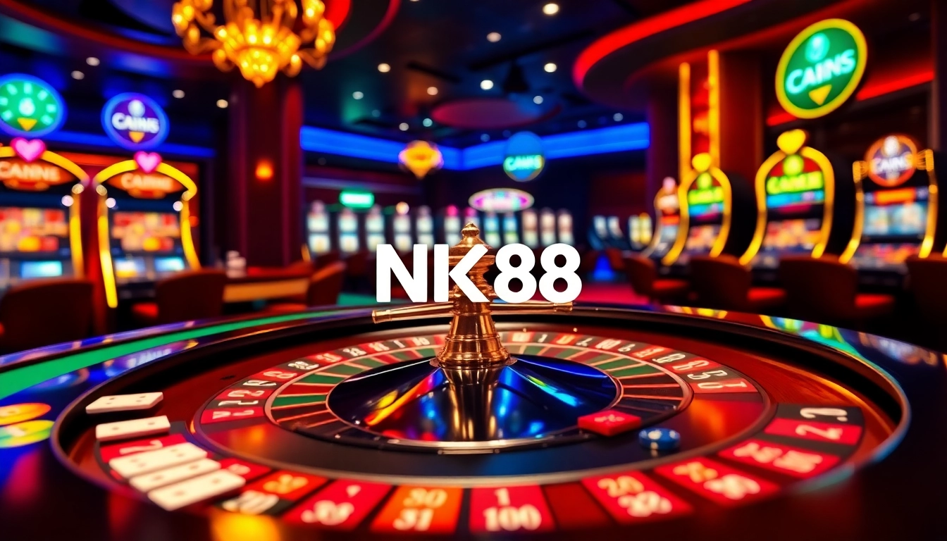 Engaged gamblers placing bets at an NK88 casino roulette table, surrounded by vibrant slot machines.