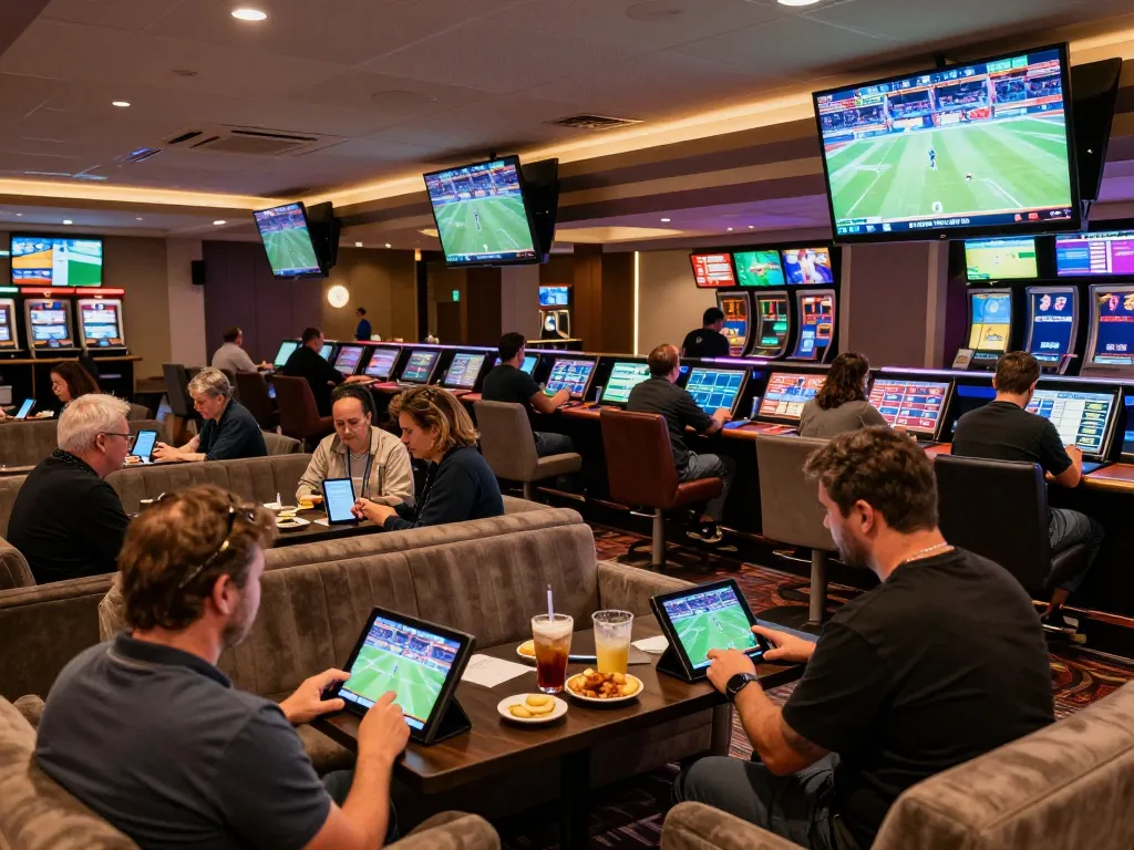Experience live sports betting excitement at RR99COM with enthusiastic bettors in a modern lounge.