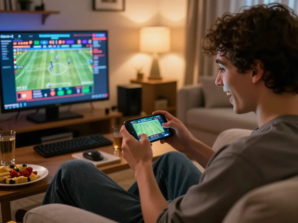 Engaging sports betting action on a smartphone while enjoying the home setting at https://ea77.lat/