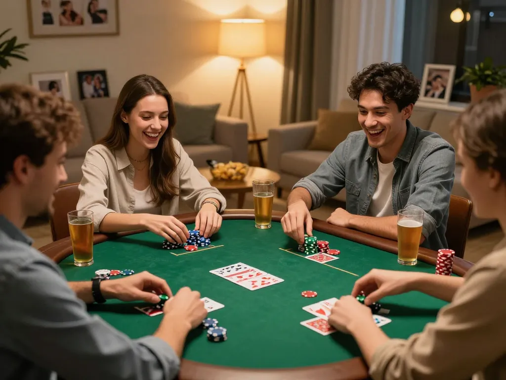 Friends enjoying a poker night while playing at home, demonstrating GG88's engaging gaming experience.