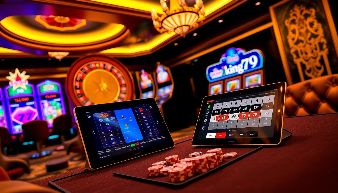 Experience thrilling gambling with king79 at a luxurious casino featuring slot machines and a poker table.