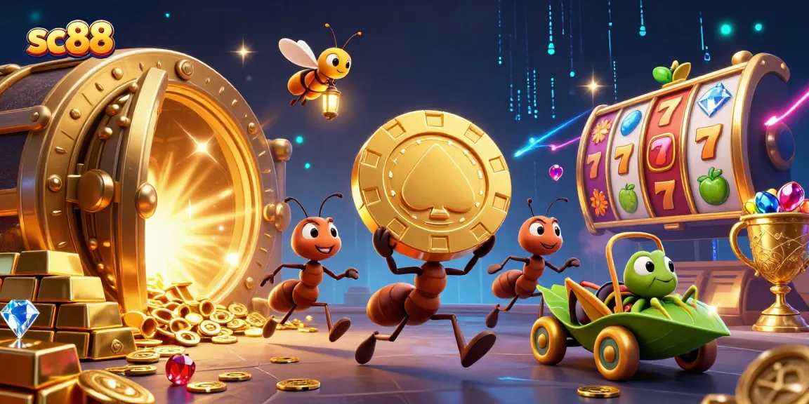 Experience thrilling action in sc88 as cartoon ants heist a giant poker chip amid dazzling casino treasures.