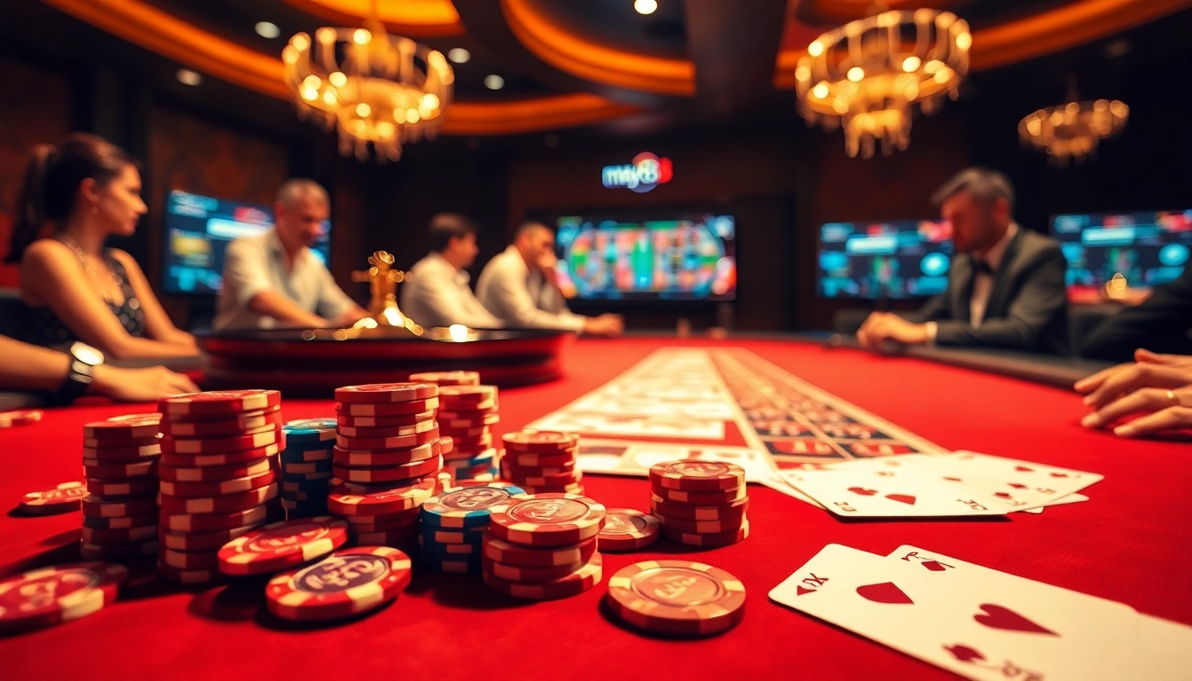 Experience the thrill of high-stakes poker at May88's gaming table with captivating atmosphere.