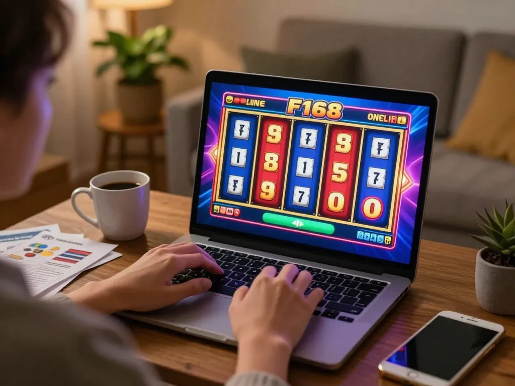 Experience F168 online slots in a cozy home setup, dynamic gameplay and colorful visuals