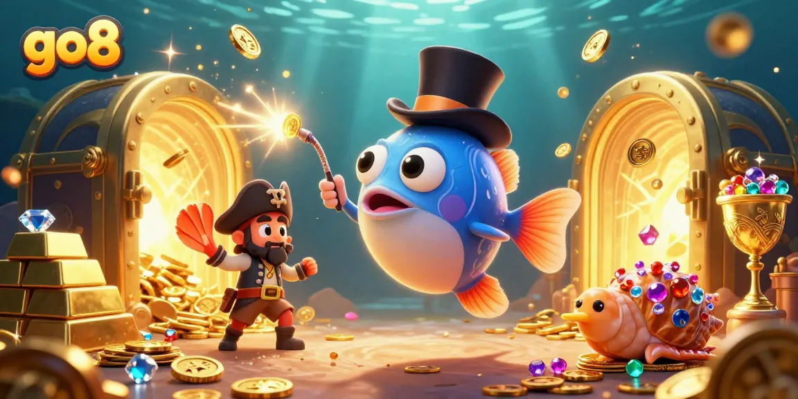Experience the thrill of go8 with vibrant underwater characters attracting treasures in a lively casino scene.