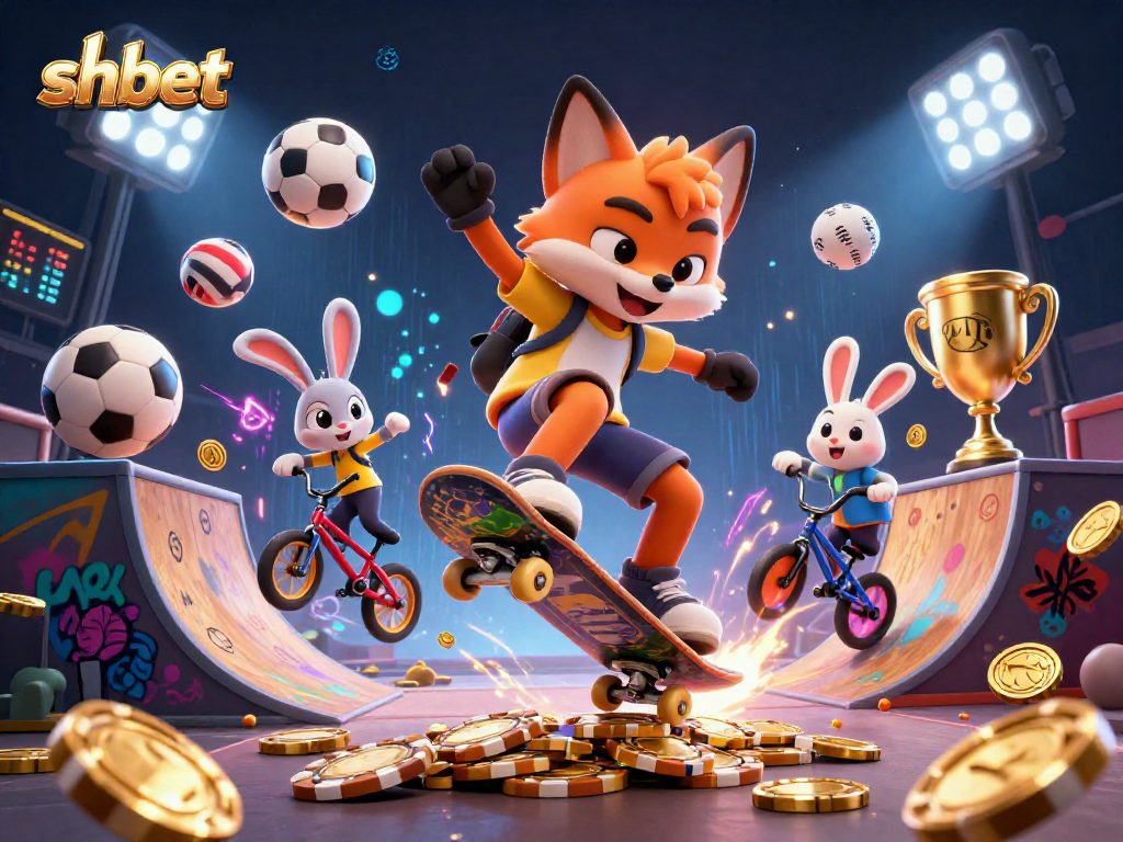 Experience the thrill of shbet with cartoon animals enjoying dynamic gambling activities, showcasing vibrant energy.