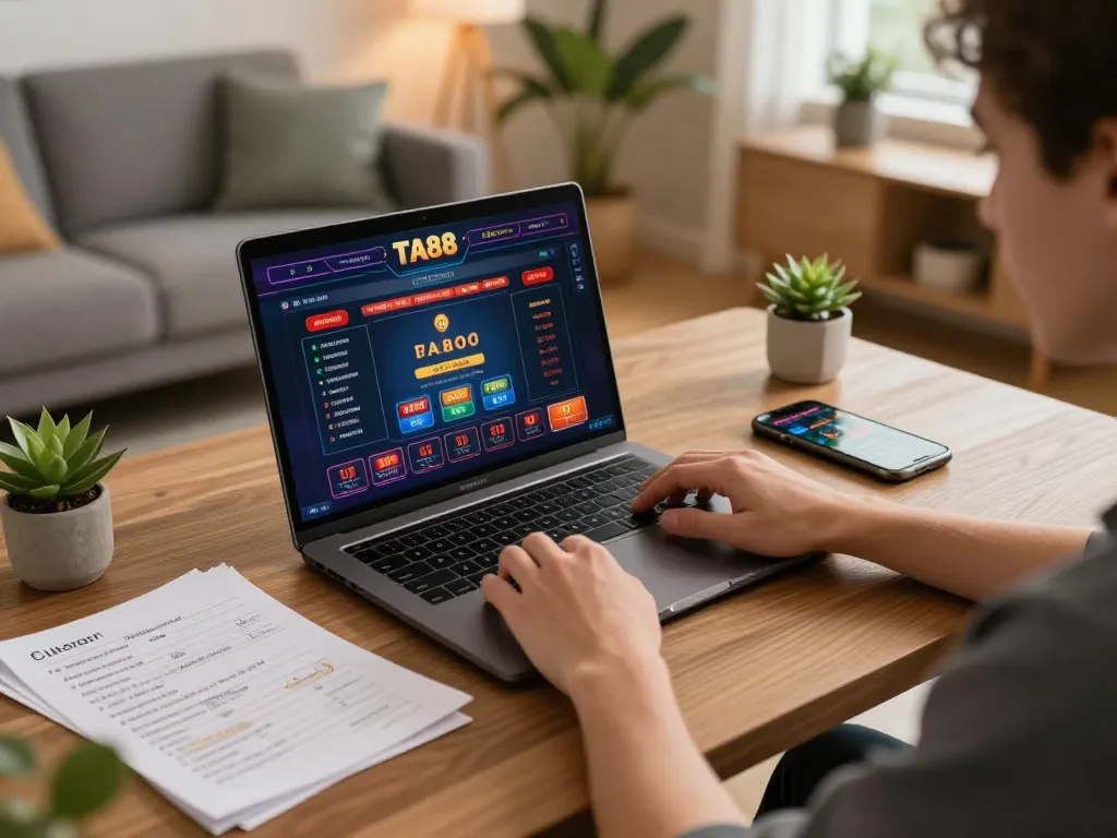 A person enjoying online gaming at https://ta88.nl/ on a laptop in a cozy living room environment with strategic betting notes