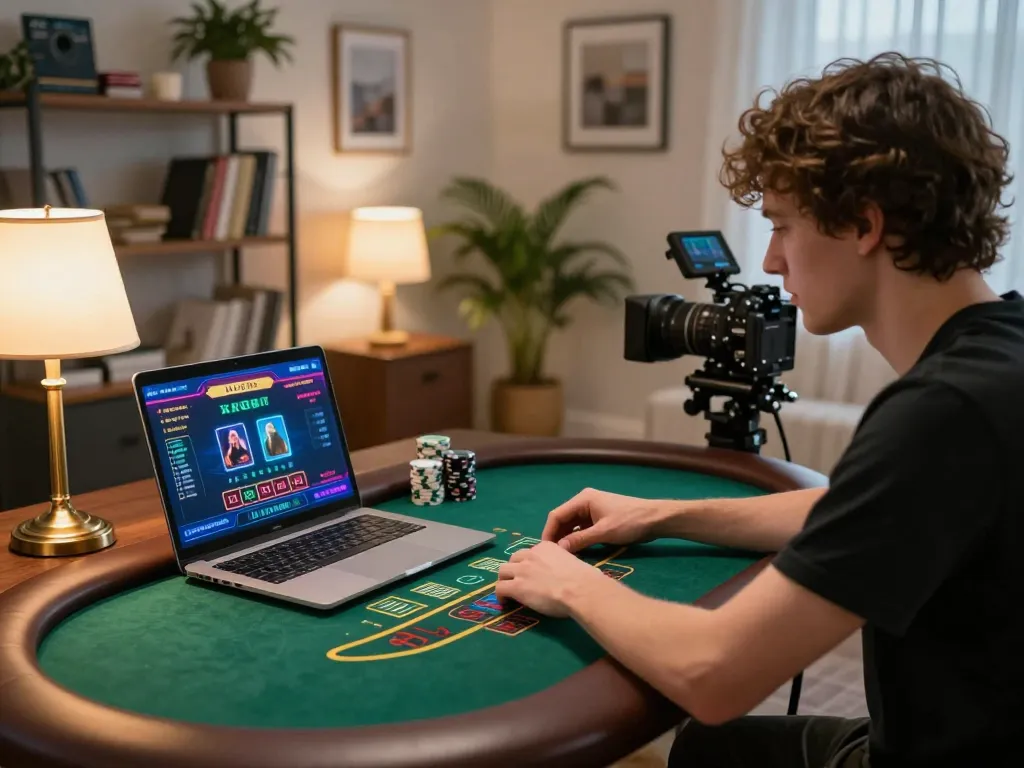 MMOO user engaging in live dealer blackjack at home with laptop interface displayed