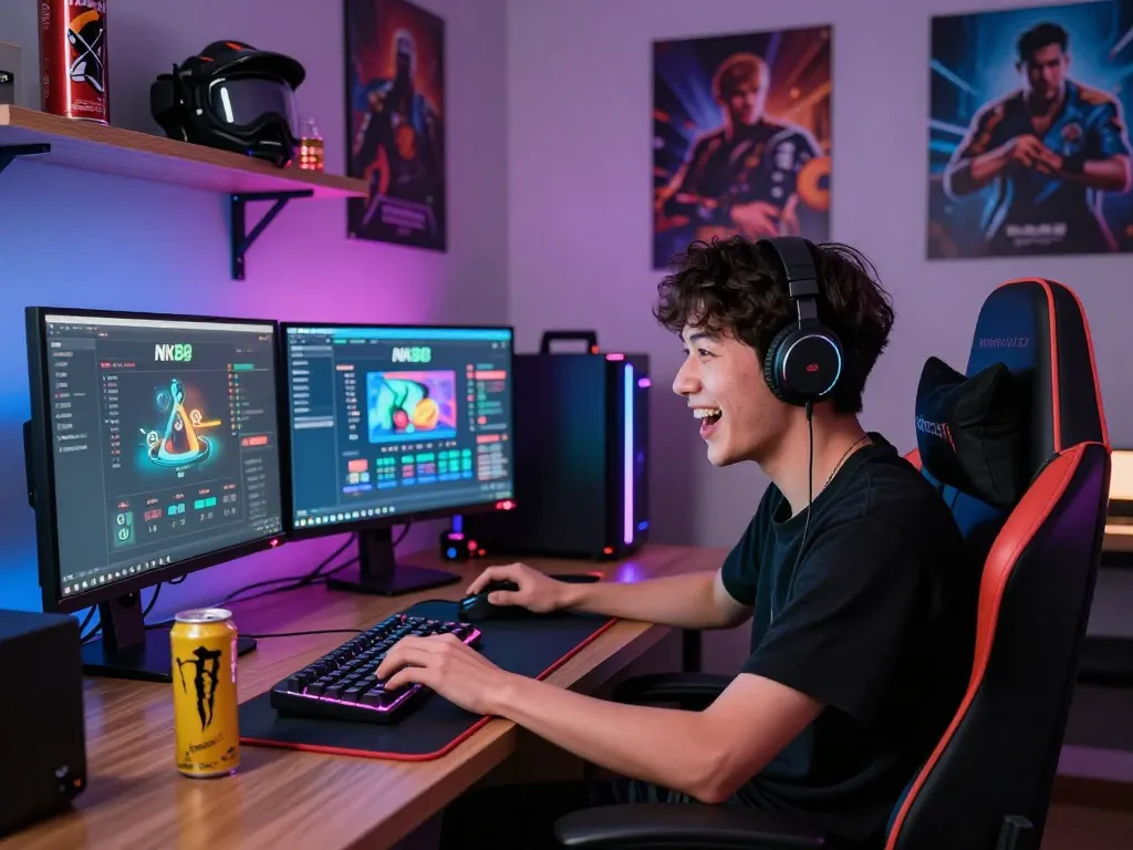 Excited gamer playing NK88 in a vibrant gaming room with LED lights.