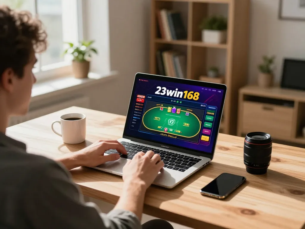 Engaging in an online poker game on 23win168 with cozy home setup and laptop.