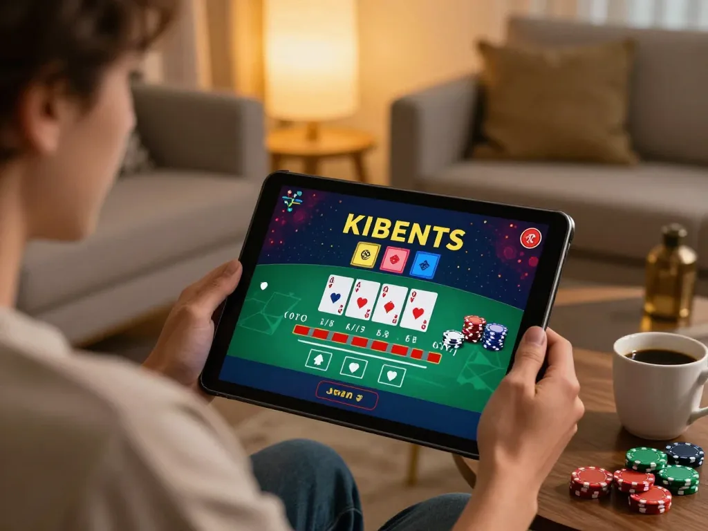 Player enjoying live blackjack on 32win tablet in a cozy setup, emphasizing responsible gaming.