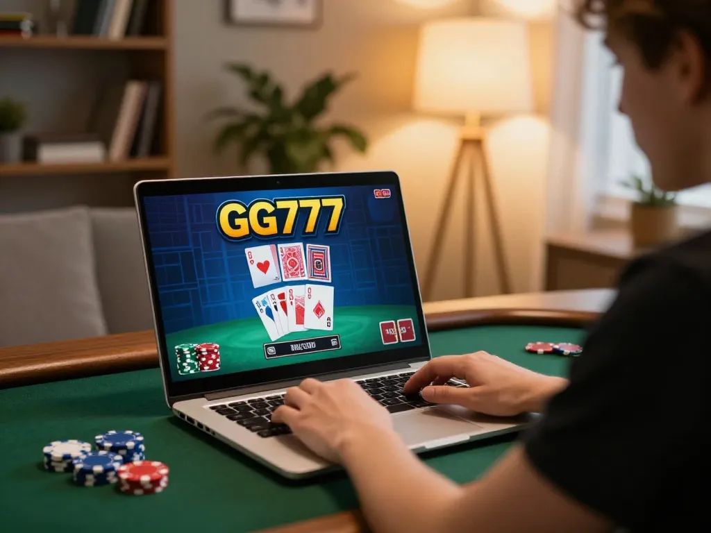 Engaging online gaming experience with GG777 on a laptop, poker cards and chips visible in a cozy setting