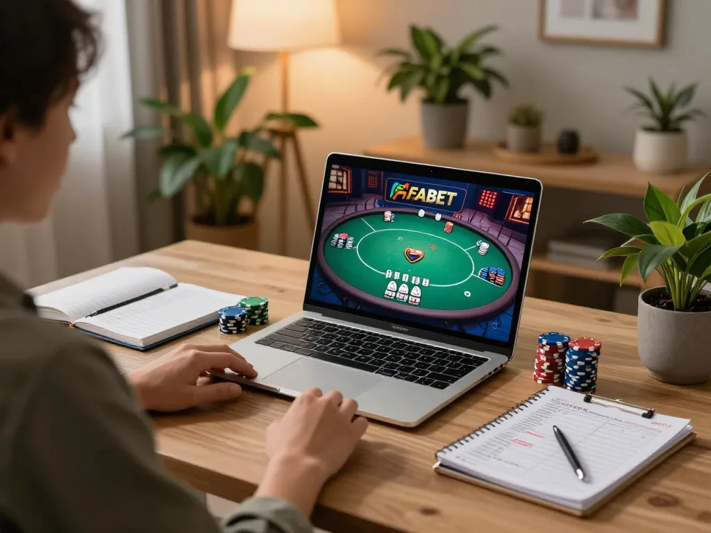 Player engaged in a strategic poker game at fabet online, showcasing a cozy and organized setup.