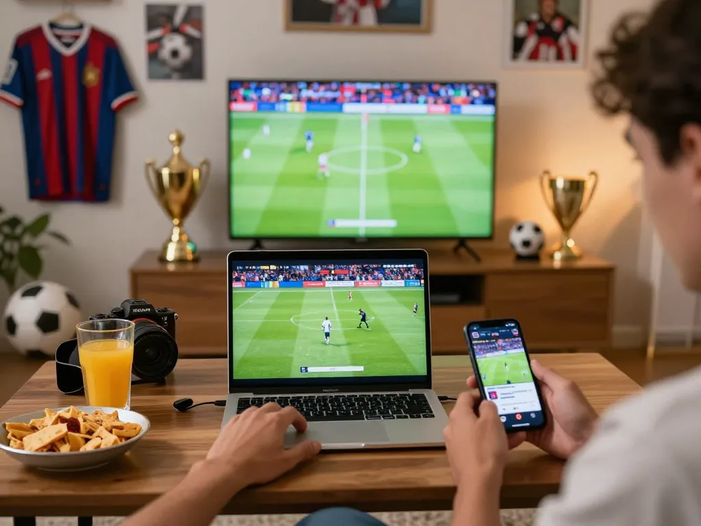 Fan engaged in watching luong son football match live on laptop with snacks and memorabilia.