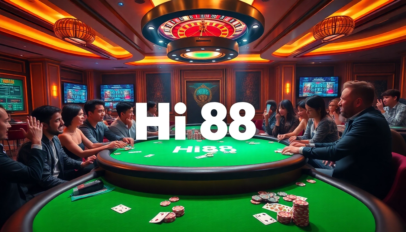 Experience thrilling poker action at Hi88's luxurious casino setting with vibrant colors and players.