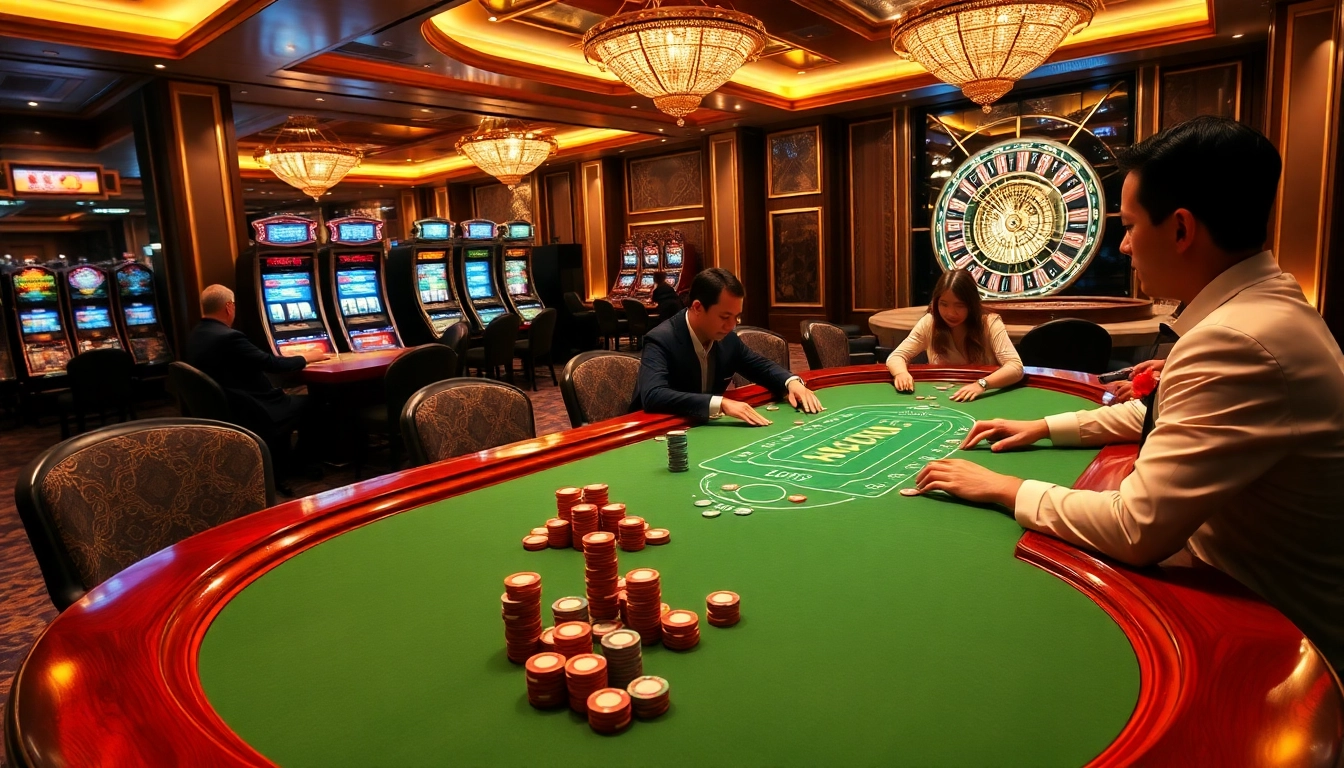 Players experiencing the thrill of high-stakes poker at nhà cái nohu90's elegant casino.