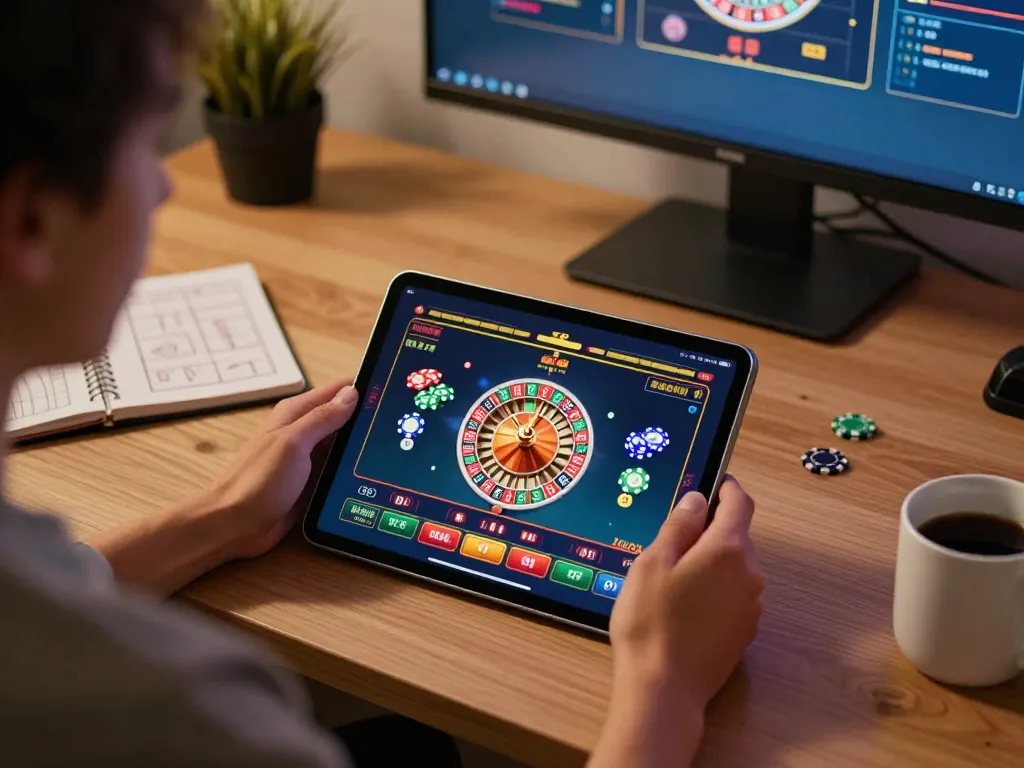 Engaging online gaming scene showcasing a user playing casino games on 13win.com with a tablet, vibrant roulette wheel visible.