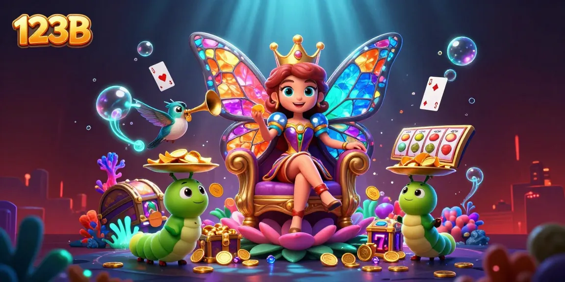 Engage in vibrant casino action with 123B, featuring a decorative 3D cartoon scene of games and characters.