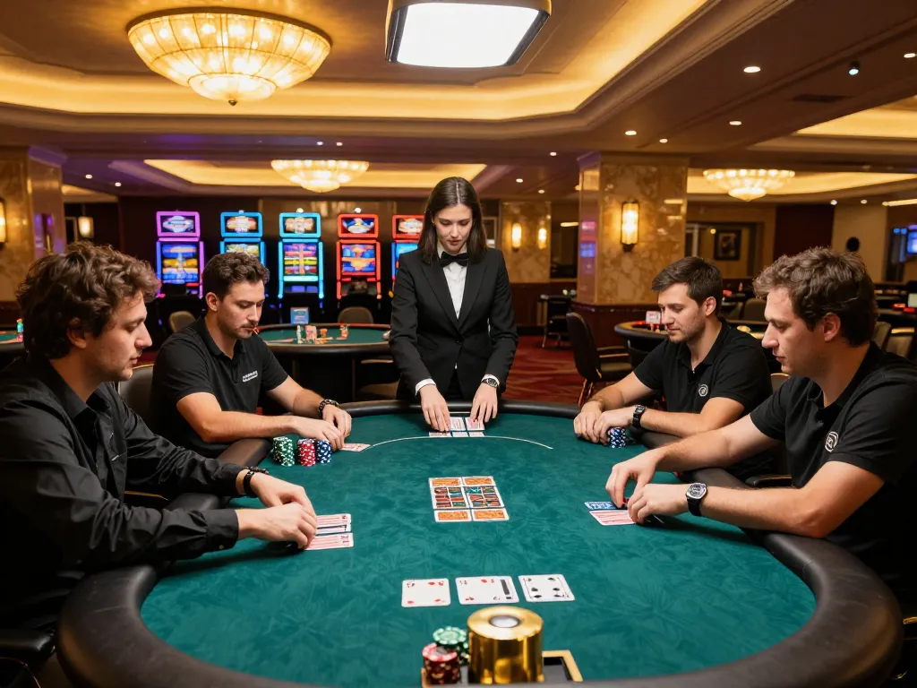 High-stakes poker action at P3 site, showcasing players strategizing over cards and chips at an upscale casino table