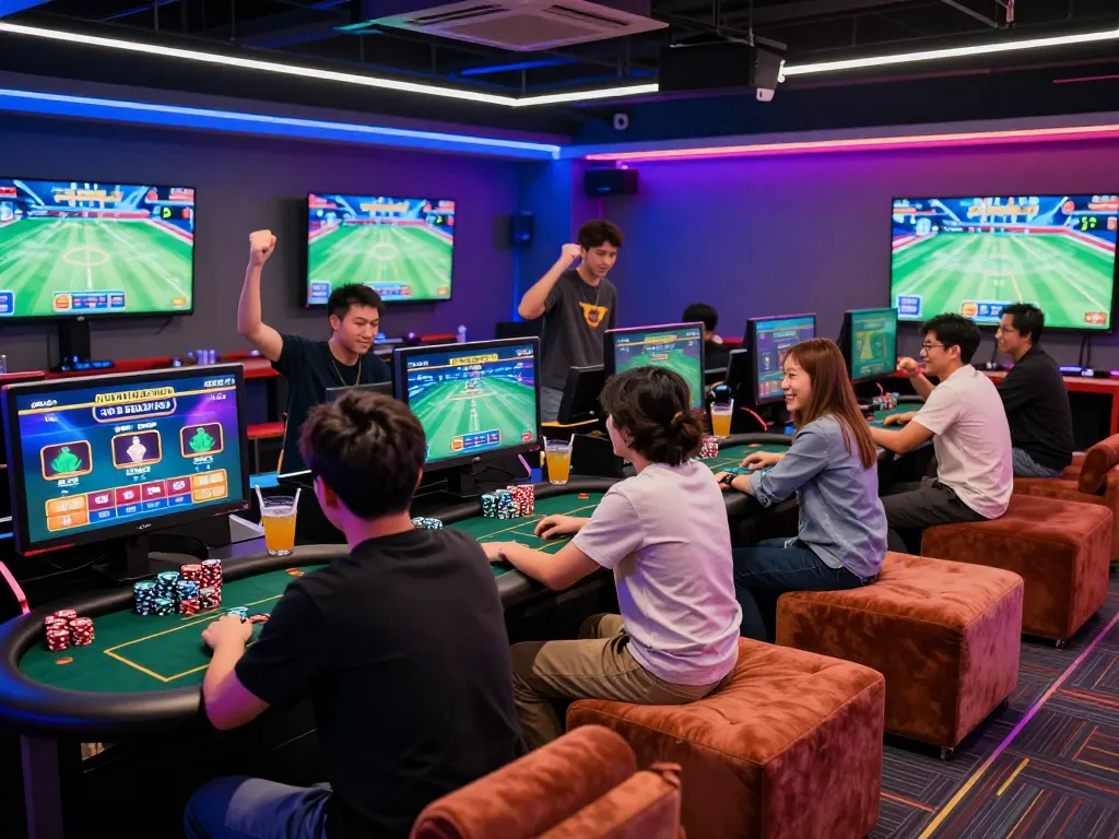 Engaged players enjoying diverse games at nhà cái jun88, vibrant gaming lounge atmosphere.