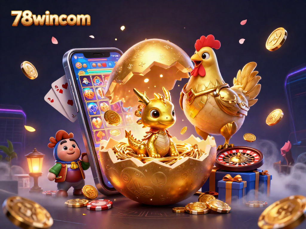 Experience the thrill of 78wincom with a golden dragon amidst a vibrant casino scene.