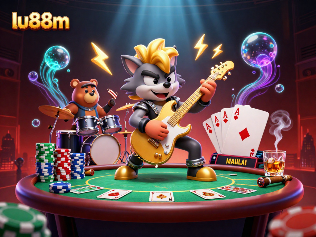 lu88m showcases a vivid casino scene with a rock star wolf and drummer bear on stage.