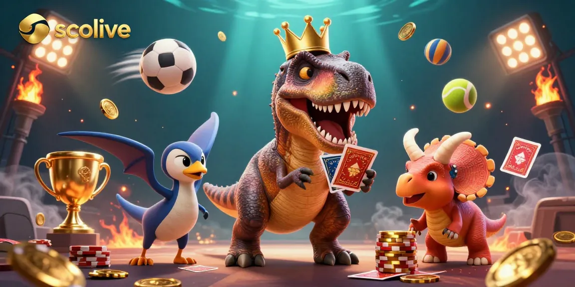 Socolive showcases a vibrant 3D scene with cartoon dinosaurs engaging in casino gaming, featuring lively sports elements.