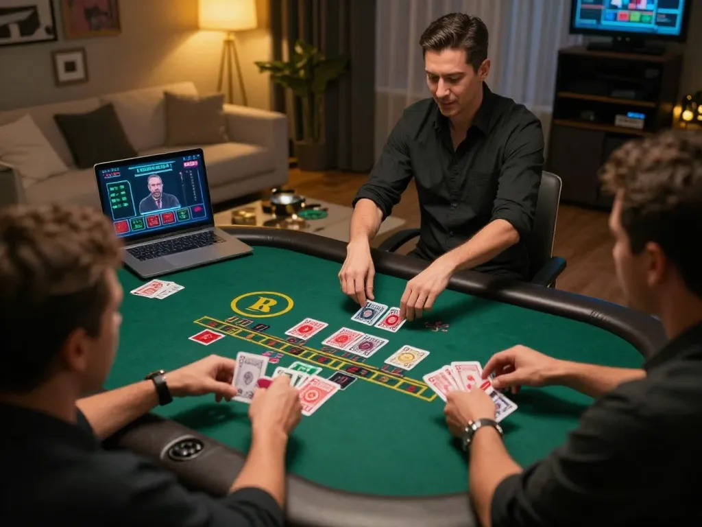 LC88 players enjoying live dealer blackjack on a laptop, highlighting real-time gaming excitement.