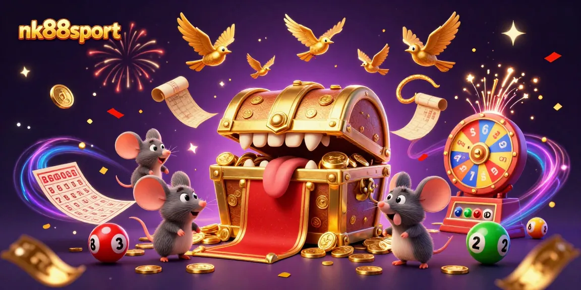 Experience thrilling play at nk88sport with colorful lottery elements and a treasure chest promising riches!