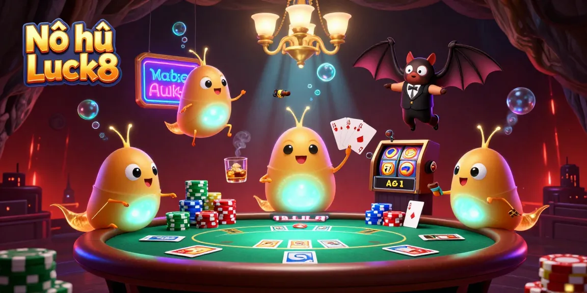 Nổ hũ Luck8 features a vibrant 3D casino scene with glowworms lighting up the game table amidst slot reels and colorful poker chips.