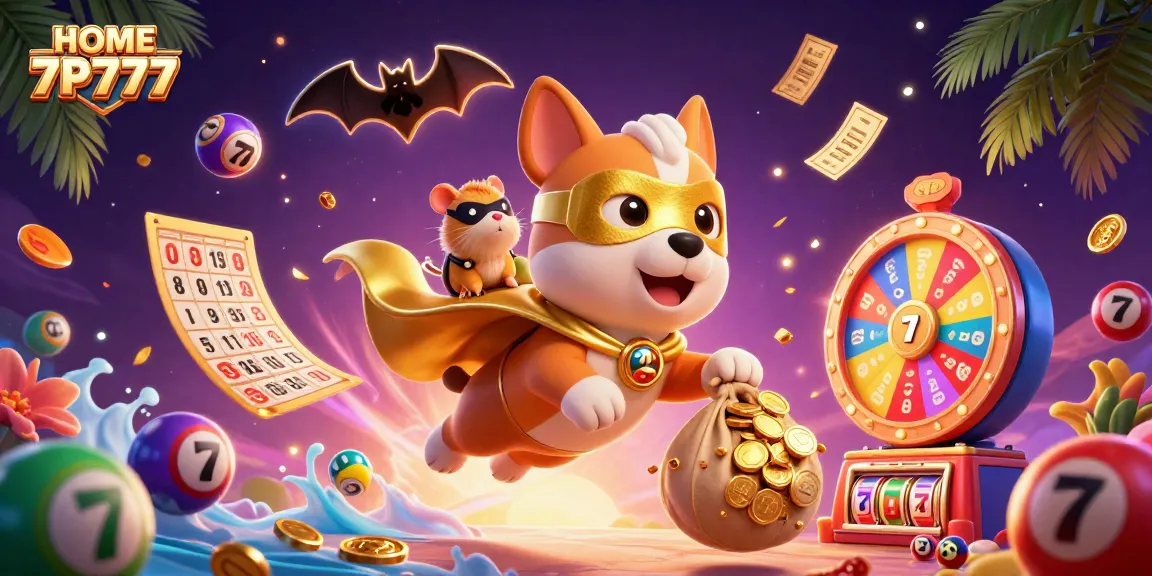 HOME 7P777 showcases dynamic gaming action with a superhero dog and vibrant gamble elements.