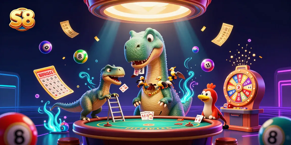 S8 features a vibrant 3D casino scene showcasing a brontosaurus and raptor in action with dynamic lottery elements.