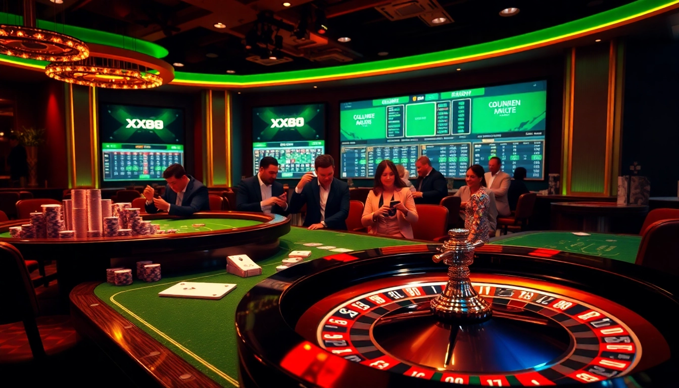 Excited gamblers enjoying a luxurious casino experience at XX88 gaming tables.