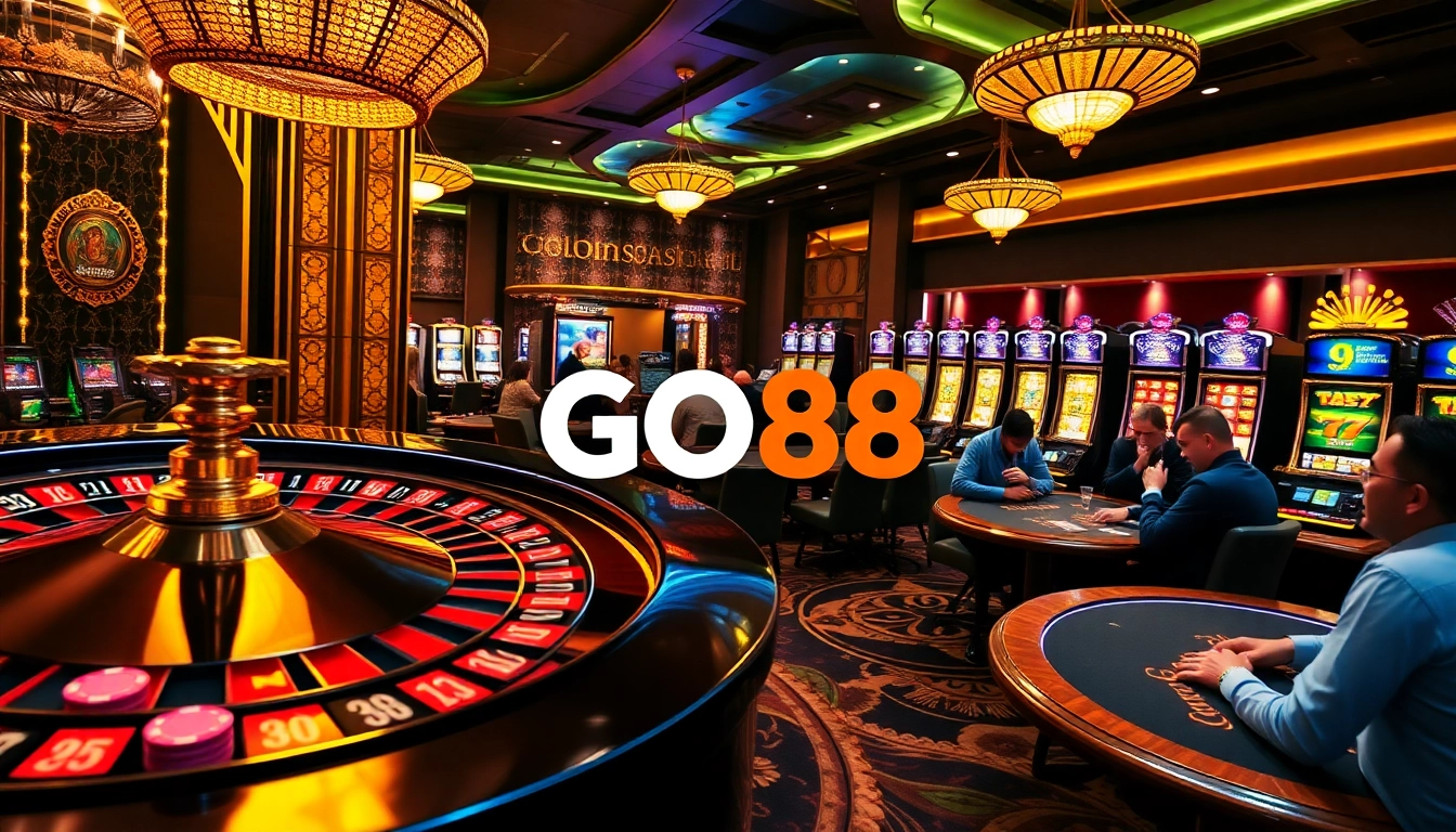 Exciting casino scene featuring GO88 logo with active players around roulette and poker tables.